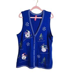 Vintage Ugly Christmas Snowman Royal Blue Sweater Vest Size 1X